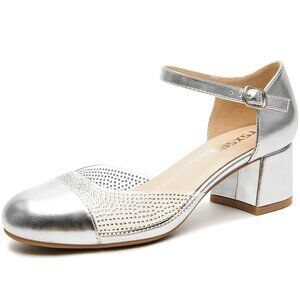 Women's Closed Round Toe Low Block Heels Ankle Strap Chunky Heel Pumps Rhineston